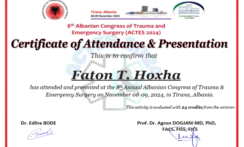 Prof. Assoc. Dr. Faton T. Hoxha presenter at the 8th International Congress of Trauma and Emergency Surgery, in Tirana